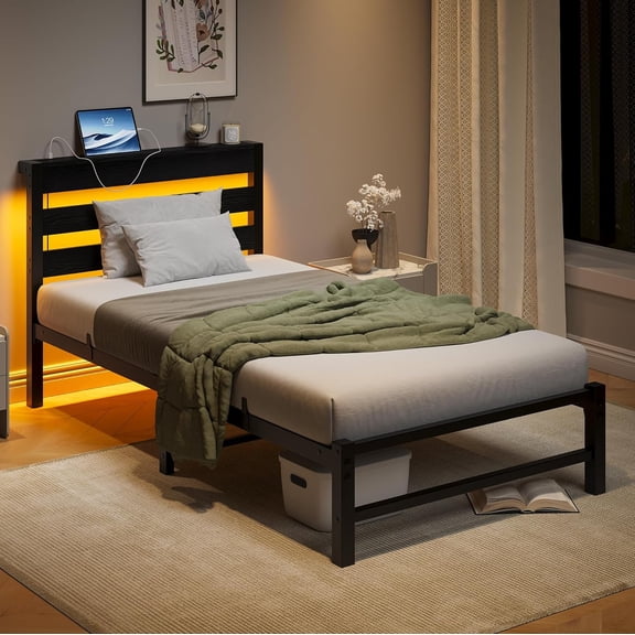 Twin Size Bed Frame with LED Light,Charging Station,Black Board