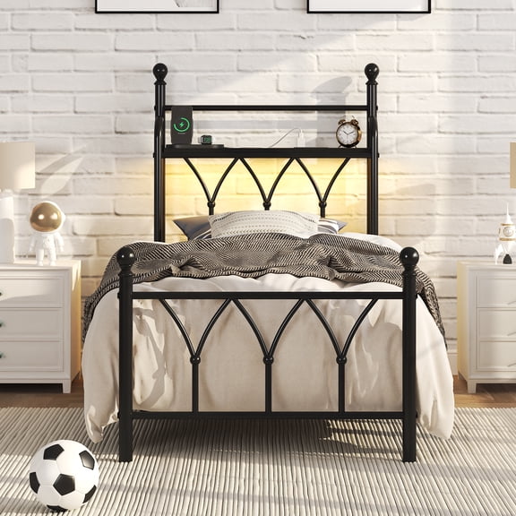 Twin Size Bed Frame with LED Storage Headboard & Charging Station, Metal Platform Bed, Black