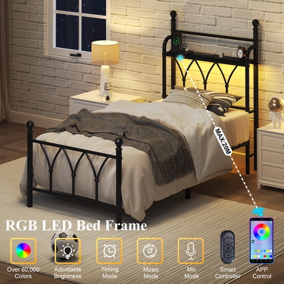 Metal Bed Frame Twin Size with LED Lights, Modern Platform Bed with Charging Station, Black