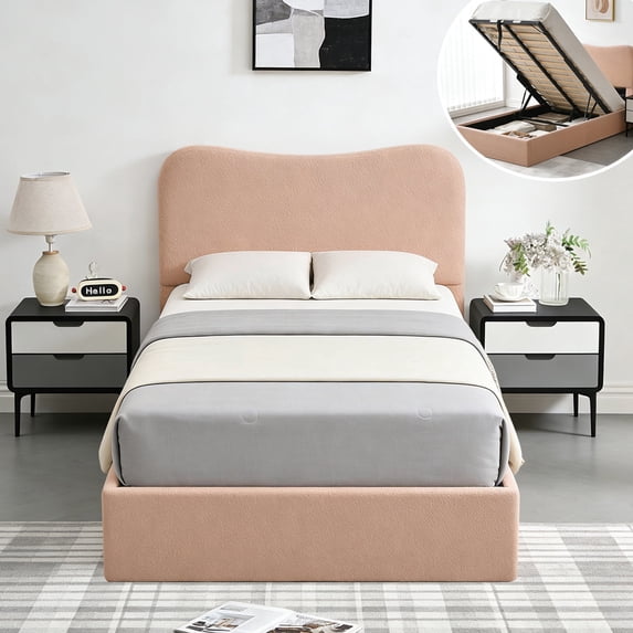 Twin Size Bed Frame with Lift Up Storage, Boucle Upholstered Platform Bed with Curved Headboard, No Box Spring Needed, Hydraulic Storage, Blush Pink