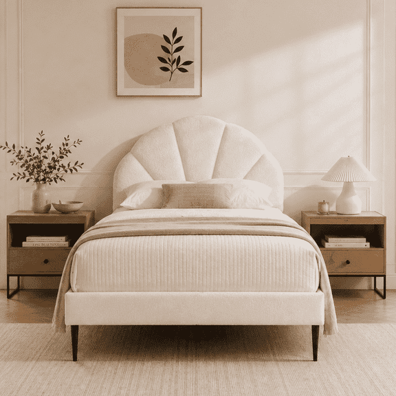 VELOCAVA Twin Size Bed Frame with Seashell Headboard, Boucle Upholstered Bed with Wood Slat Support, White