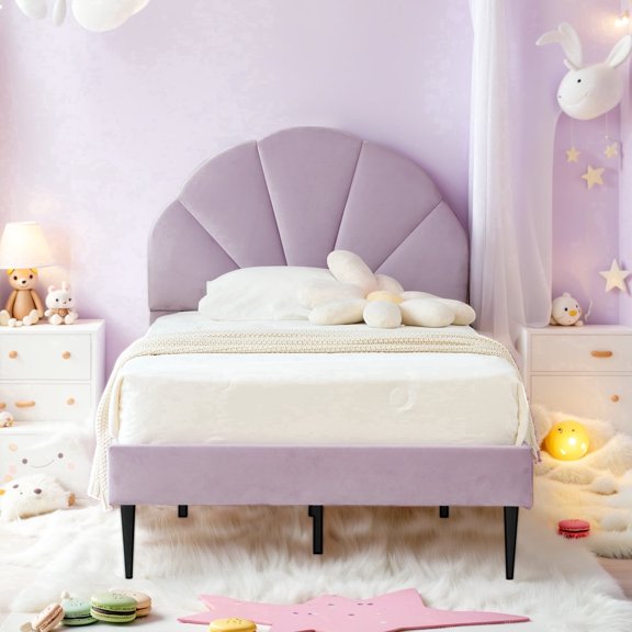 VELOCAVA Twin Size Bed Frame with Seashell Headboard, Velvet-Like Upholstered Bed with Wood Slat Support, Dusty Lavender