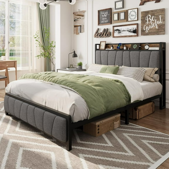 Twin Size Bed Frame with Storage Drawers & Charging Station, Heavy Duty Metal Slats, No Box Spring Needed, Easy Assembly, Noise-Free, Grey.