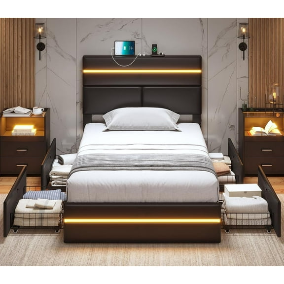 Twin Size Bed Frame with Storage Drawers & Charging Station Upholstered Modern Black Led Bed with LED Lights