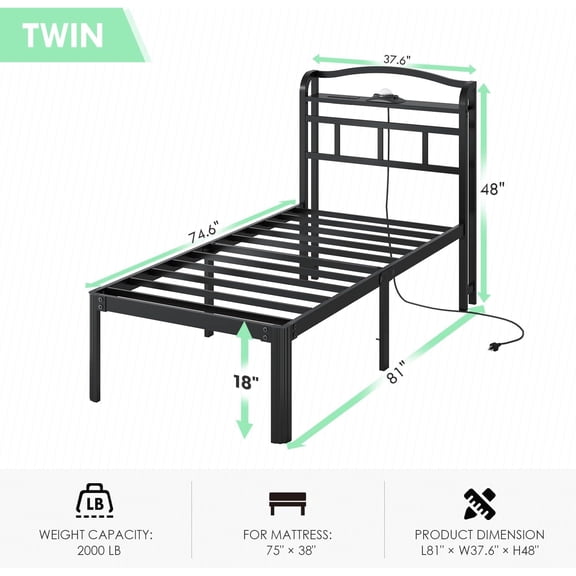 Twin Size Bed Frame with Storage Headboard, Galaxy Star Projector & USB Charging Station, 18 Inch Heavy Duty Metal Platform Bed No Box Spring Needed