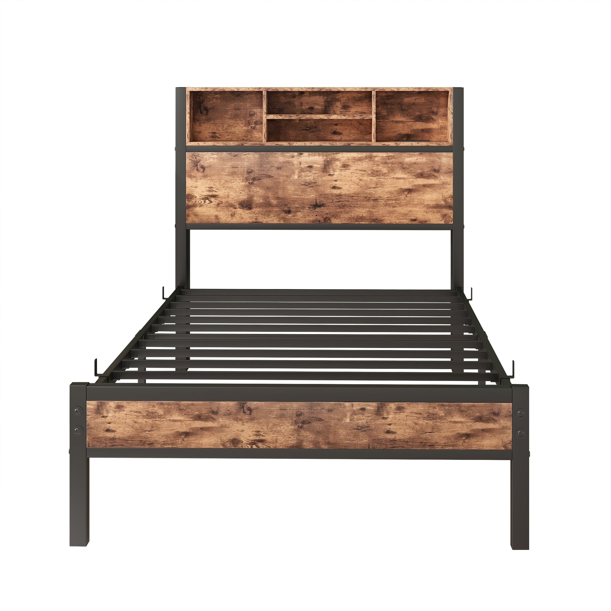 Twin Size Metal Platform Bed Frame with Storage Headboard - Charging Station, Bookcase, No Box Spring Needed