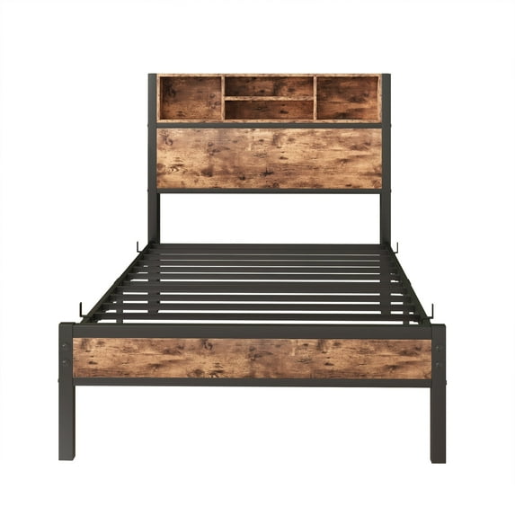 Twin Size Metal Platform Bed Frame with Storage Headboard - Charging Station, Bookcase, No Box Spring Needed