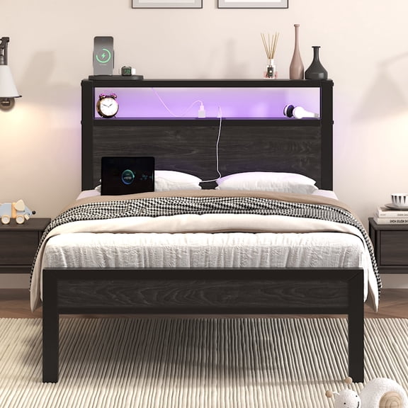 Twin Size Bed Frame with Storage Headboard, Metal Platform Bed with Charging Station & LED Lights, Heavy Duty Metal Slats, No Box Spring Need, Black