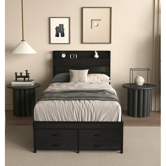 Twin Size Bed Frame with Storage Headboard, Platform Design Bed With 4 Under-Bed Drawers, Charging Station And LED Light For Smart Bedroom Solution