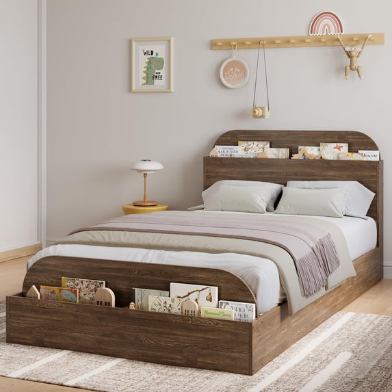 Twin Size Bed Frame with Storage Headboard, Raised-Foodboard, Wooden Bed Frames, No Box Spring Needed, Noise Free, Stable