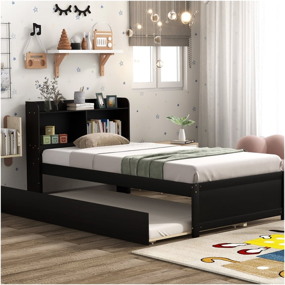 Twin Size Bed Frame with Trundle and Bookshelf Headboard, Space Saving Storage Bed in Espresso Finish