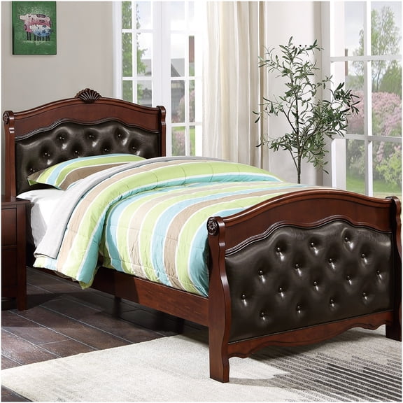 Twin Size Bed Frame with Upholstered Headboard, Dark Cherry Finish, Platform Bed Design, No Box Spring Needed
