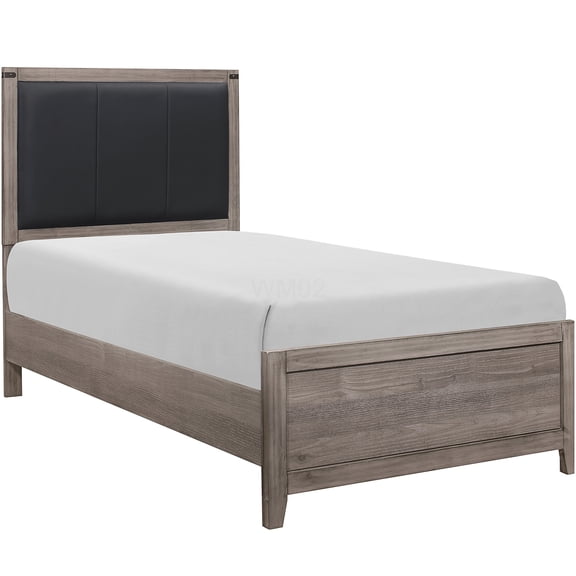 Twin Size Bed Frame with Upholstered Headboard, Industrial Brown Gray Wood Platform Bed, Faux Leather Accent