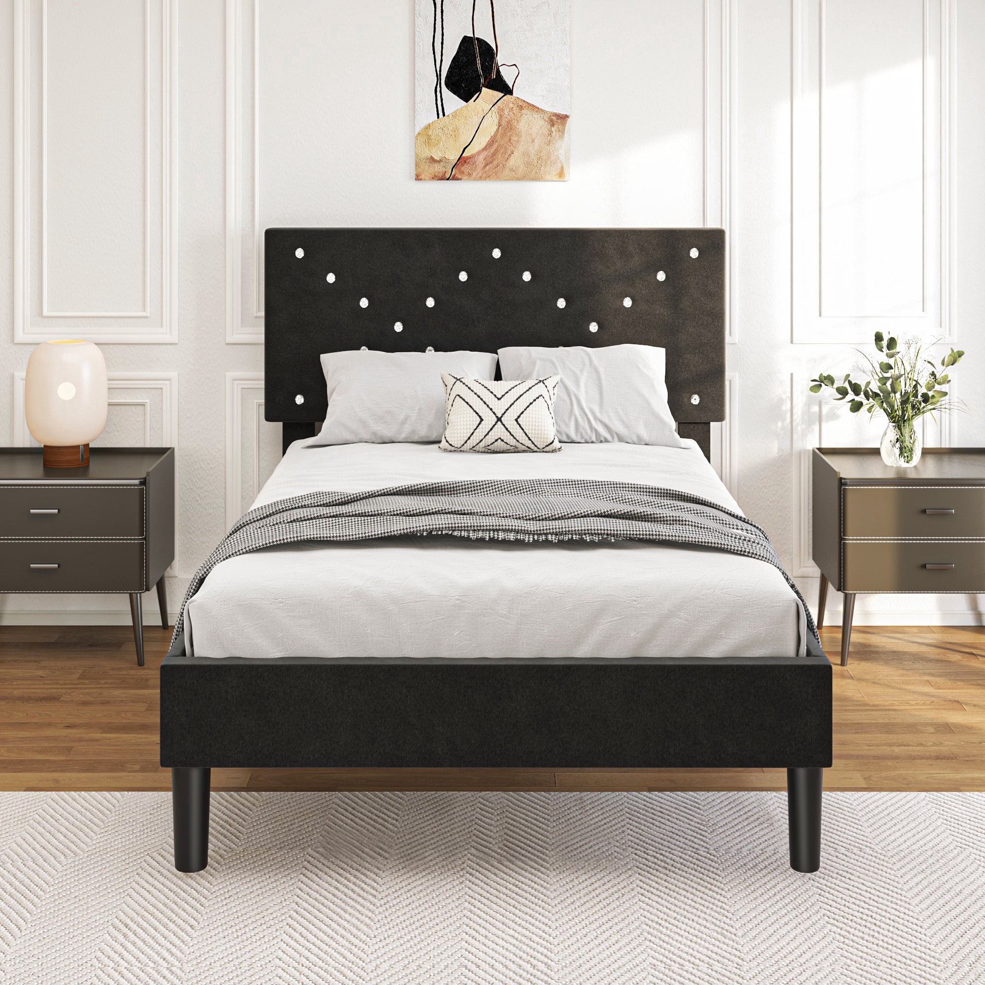 Twin Size Bed Frame with Upholstered Headboard, Non-Slip and Noise-Free/Wooden Slats Support/No Box Spring Needed/Easy Assembly, Black