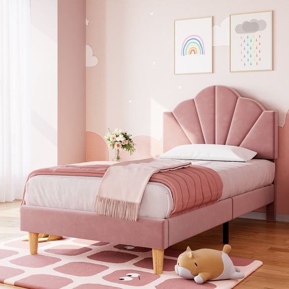 Twin Size Bed Frame with Upholstered Headboard, Velvet Platform Bedframe Mattress Foundation, Strong Wood Slat Support, No Box Spring Needed