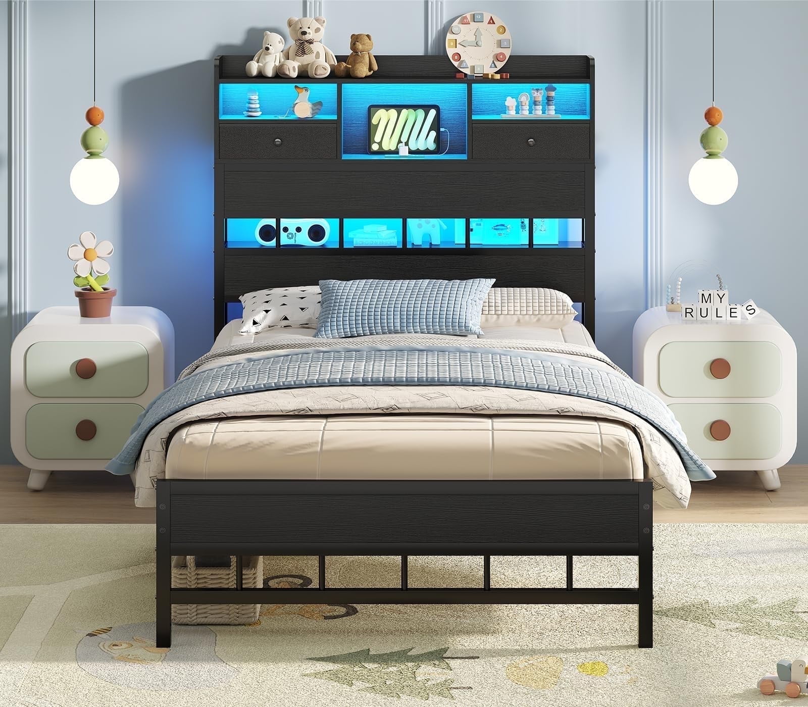 Twin Size Bed Frames with Headboard for Bedroom,Platform Bed Frame Twin with 5 Storage Shelves-Under Bed Storage, Twin Bed Frames with LED Light-Charging Station, No Box Spring Needed, Black