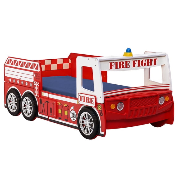 Twin Size Bed Frames, Little Heroes Fire Truck Bed, White+Red Adjustable Bed Base,Mdf Storage Beds Frames, Furniture Bedroom Furniture Beds, Frames & Bases