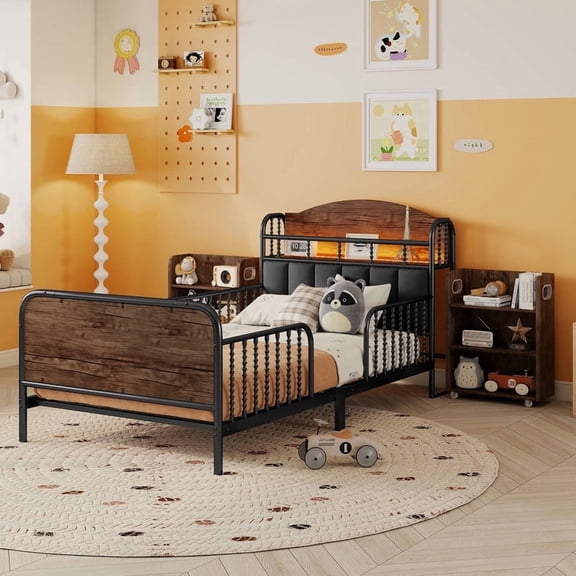 Twin Size Bed Frames with Rails and Upholstered Headboard, Metal Montessori Bed with Led Lights & Pull Out Storage Shelves, Modern Low Platform Bed for Girls Boys, No Box Spring Needed, Black
