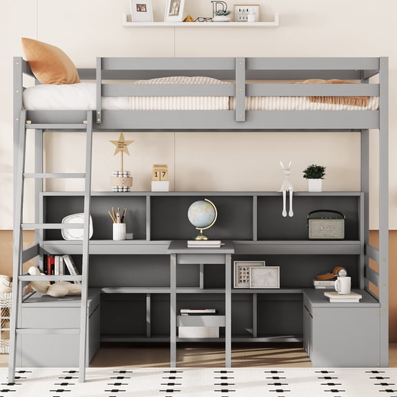 Twin Size Bed Frames Twin Loft Bed With Storage Shelves, Drawers, Seat And Desk For Grey Color,Adjustable Bed Base