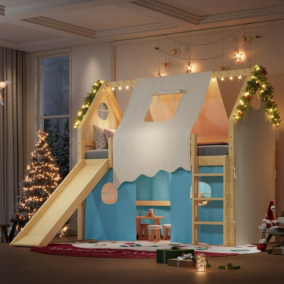 Twin Size Bed Frames Twin Size House Loft Bed with Sills and Tents, Solid Wood Loft Bed with Ladders and Slide, Chic Design with Lights, No Box Spring Needed, Natural+Blue,Adjustable Bed Base