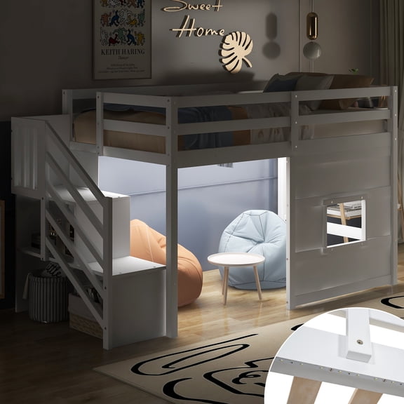 Twin Size Bed Frames Twin Size Loft Bed with Storage Staircase and Window, With LED Light, White,Adjustable Bed Base
