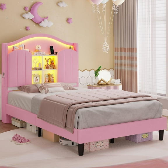 Twin Size Bed with LED Lights & Charging Station for Girl , Upholstered Storage Headboard Platform Twin Size Princess Bed Frame, No Box Spring Needed,Noise-Free, Pink