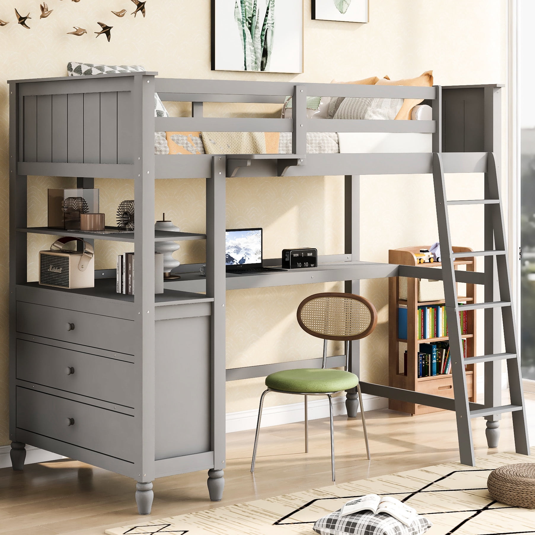 Twin Size Bed Loft / With Desk, Comprehensive Guardrails for Safety / A ...