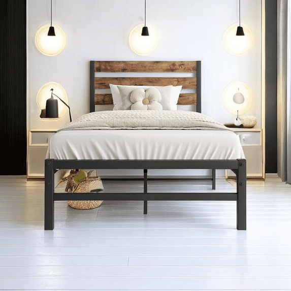 Twin Size Bed, Platform Bed Frame with Rustic Vintage Wood Headboard, Strong Metal Slats Support Mattress Foundation, No Box Spring Needed Rustic