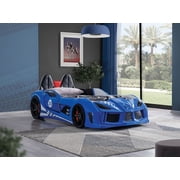 Twin Size Bed Race Car Design Modern Novelty Style Attached Two Magnetic Doors With LED Lights On Wheels Bottom Upholstery HB Blue Finish