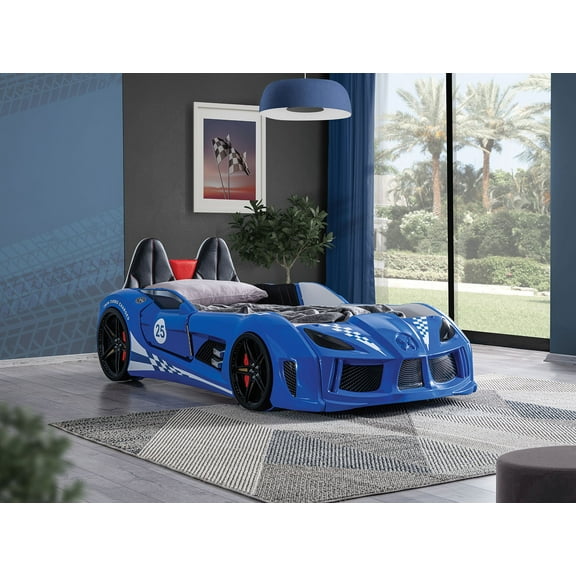 Twin Size Bed Race Car Design Modern Novelty Style Attached Two Magnetic Doors With LED