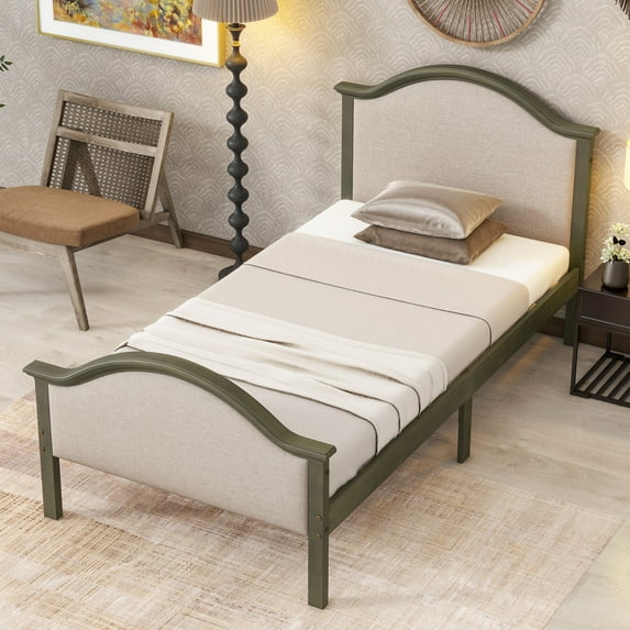 Twin Size Bed, Solid Pine Wood Platform Bed with Classic Upholstered Headboard and Footboard, Noise-Free Bed Frame, No Box Spring Needed, Easy Assembly, Grey