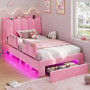 Twin Size Bed with Storage Drawer and Charging Station, Velvet Upholstered Platform Bed Frame with LED Lights,Chic Wavy Storage Headboard and Safety Removable Guardrails ,Pink