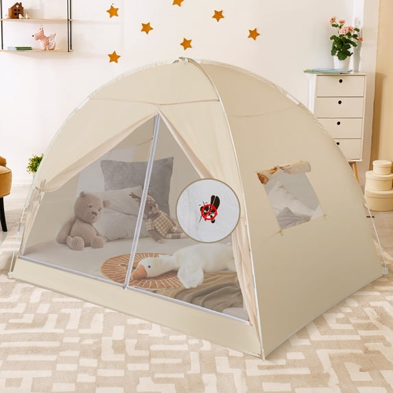 Twin Size Bed Tent Canopy - Pop Up Privacy Sleeping Tent with 2 Doors, Dream Tent Light Reducing & Breathable Design, Indoor Bed Tent for Adult Portable Frame, 75 x 54 x 47 Inches, Beige