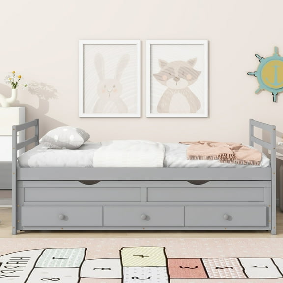 Twin Size Bed with Trundle and 3 Storage Drawers, Pine Wood Captain Bed Frame with Headboard, Footboard, Twin Size Daybed for Bedroom Guest Room, Space Saving, No Box Spring Needed, Grey