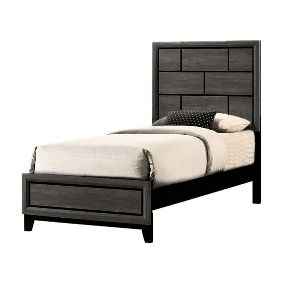 Twin Size Bed With Geometric Headboard In Contemporary Gray Finish Low-profile Design - Wooden Bedroom Piece