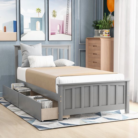 Twin Size Bed With Platform And Gray Drawers - Solid Wood For Bedroom Stylish Drawer Storage A Setup
