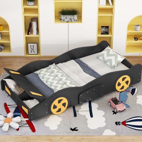 Twin Size Bed With Race Car Theme And Storage Facility For Bedroom Enhancement Comfortable Padding - Restful Night