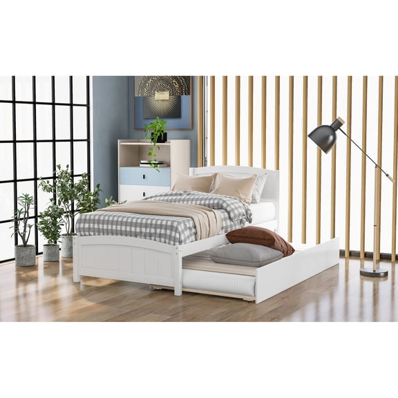 Twin Size Bed With Trundle, White - Solid Wood For A Comfy Sleep Platform Trundle Construction Comfortable Bedroom