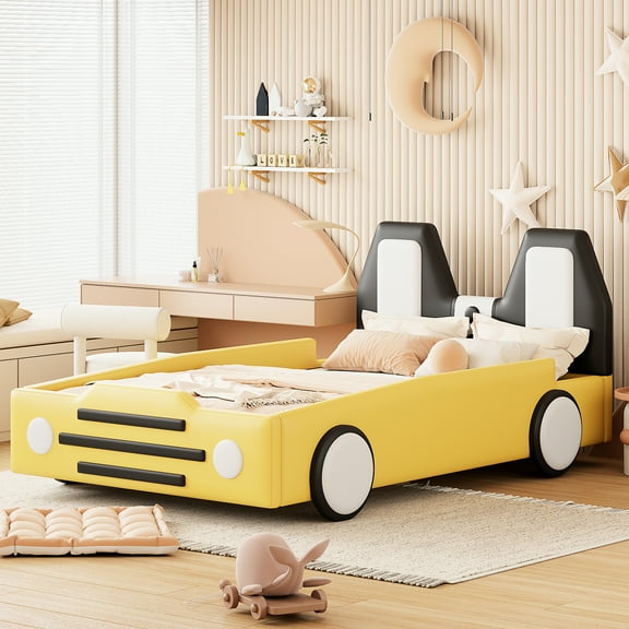Twin Size Bed With Yellow Wheels In Stunning Race Car Design - Enhancing Bedroom Beauty Captivating Style And Functional