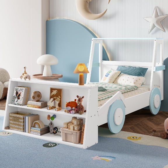Twin Size Bed frame with Storage Shelves dna Support Slats, Plywood Bed with Cute Car-shape and Wheels for Bedroom, Apartment, Mattress not included,Fits Standard Twin Mattress,white