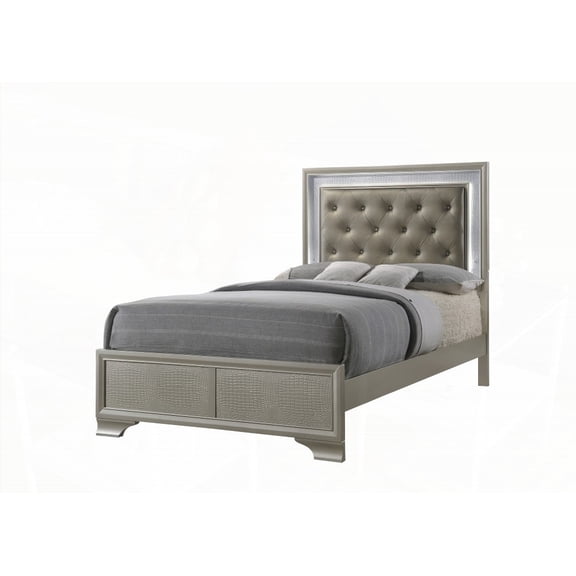Twin Size Bed with Champagne Crocodile Skin Finish Upholstery & LED Headboard Lighting