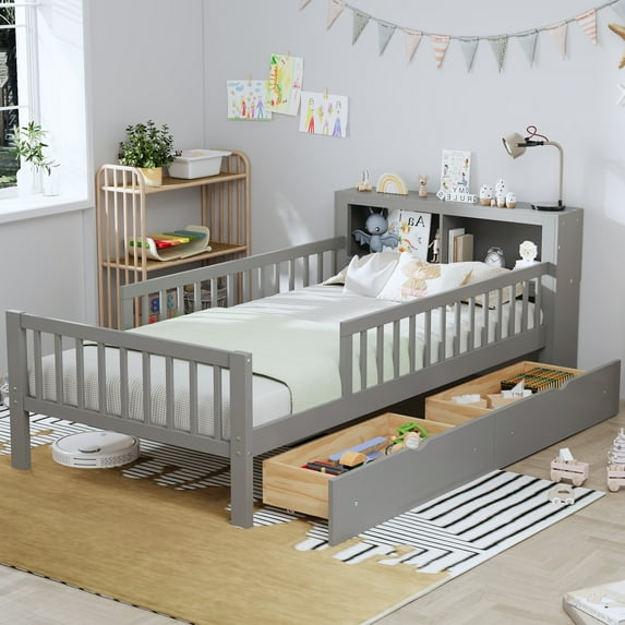 Twin Size Bed with Headboard Storage Rack Two Under-Bed Drawers Three-Side Guardrails for Safety and Security,Gray