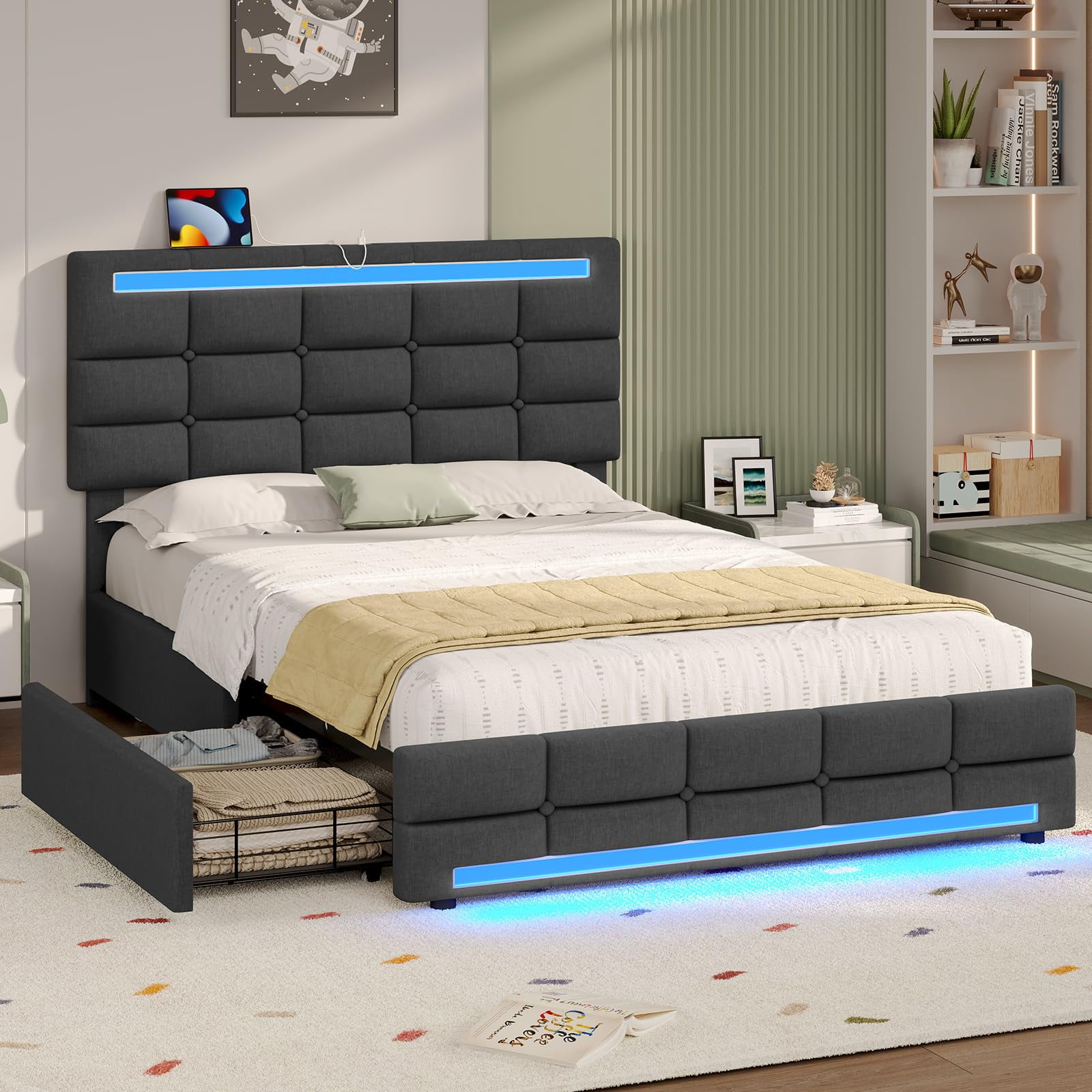 Twin Size Bed with LED Lights and Charging Station, Twin Upholstered Platform Bed Frame with Headboard & Storage, Heavy Duty Wood Slats,Dark Grey