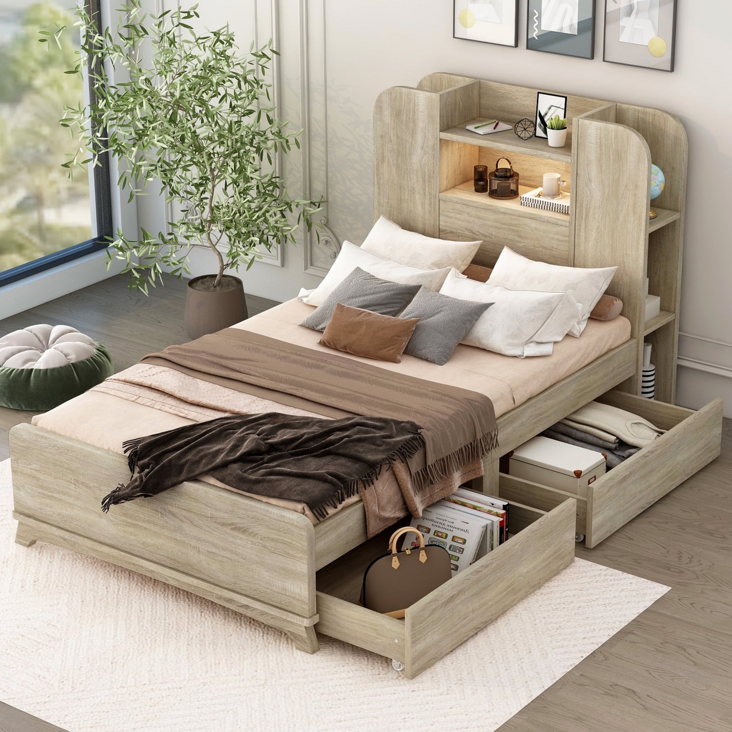 Twin Size Bed with LED Storage Headboard Solid Wood Twin Platform Bed Frame with 2 Drawers and 4 Shelves No Box Spring Needed Natural
