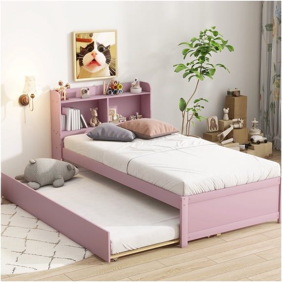 Twin Size Bed with Pull-Out Trundle and Storage Headboard, Pink Space-Saving Frame