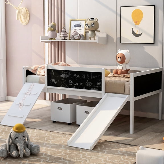 Twin Size Bed with Slide and Double - sided Chalkboard / Slide Out and Use Creativity