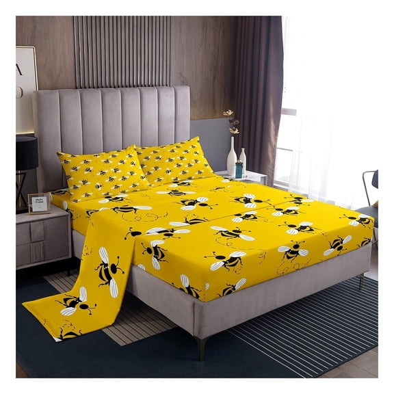 Twin Size Bedding Set featuring a honeybee-inspired pattern; includes fitted sheet, flat sheet, and two pillowcases in a bright yellow color.