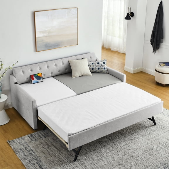 Twin Size Beige Upholstery Day Bed | Classic Style with Chic Arms for Home Decoration, Handy Trundle for Sleepover Guests | Linen and Foam for Soft Sitting | Charge Phone on Armrest When Lying