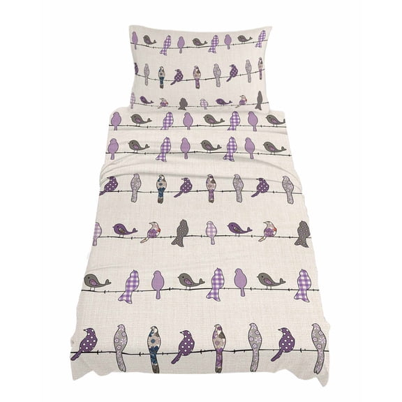 Twin Size Birds on the Wire Purple Grey Burlap Background Sheet Sets Soft Breathable Microfiber Bed Sheets Deep Pockets 4 Piece Bed Sheets Set, 1 Fitted Sheet, 1 Flat Sheet & 1 Pillowcases