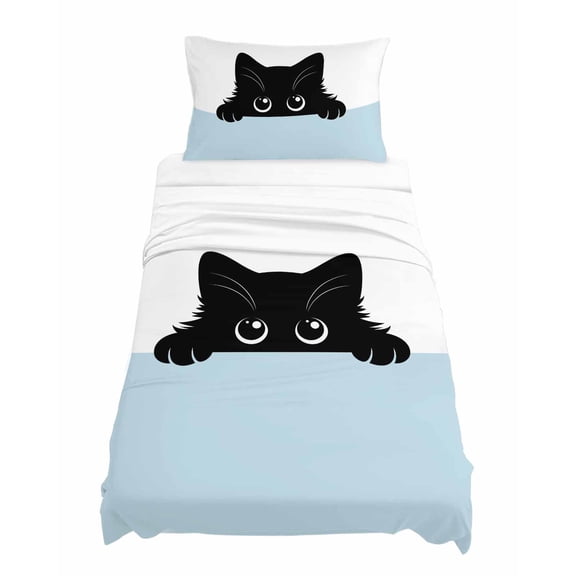 Twin Size Black Cat Sheet Sets Cute Cat Cartoon Animal with Big Eye Blue White Soft Breathable Microfiber Bed Sheets Deep Pockets 4 Piece Bed Sheets Set, 1 Fitted Sheet, 1 Flat Sheet & 1 Pillowcases